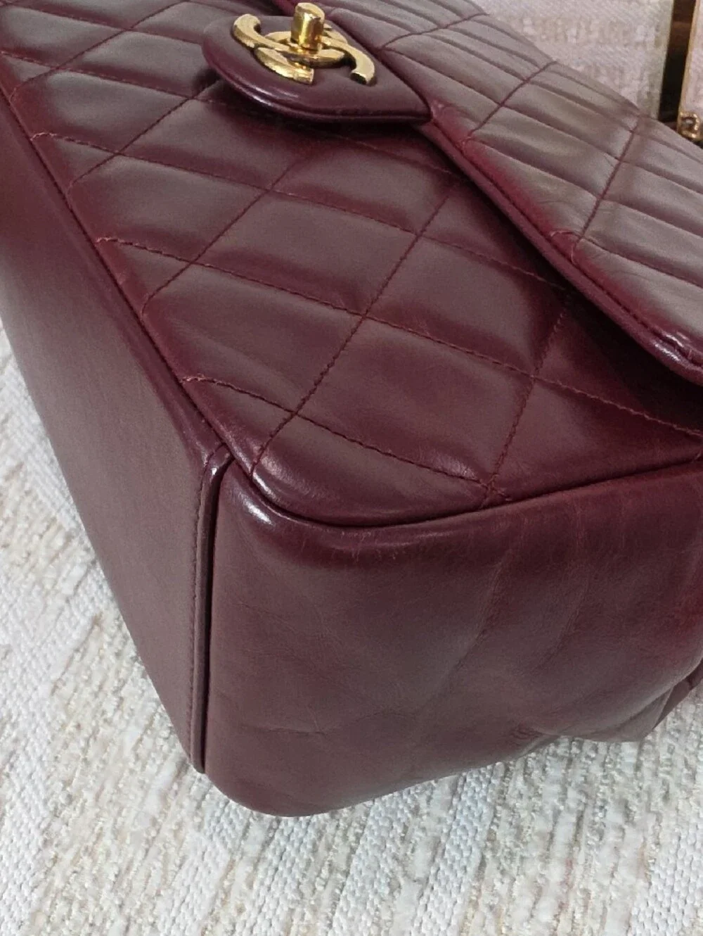 CHANEL Crinkle Leather Top-Hnadle Flap Bag in Deep Burgundy with Gold Hardware